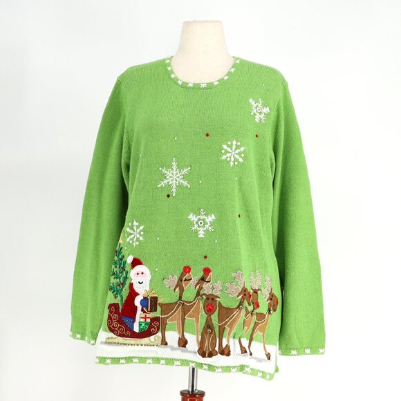 NWT QUACKER FACTORY Light Up Christmas Sweater Santa Claus Reindeer Holiday 1X - Picture 1 of 9